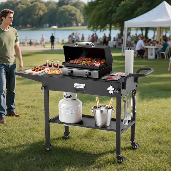 Grillvagn för utomhusbruk, 31 x 17 tum, hopfällbart förberedelsebord, hjul