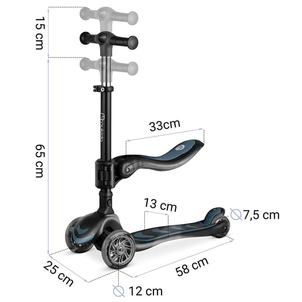 Børns 3-hjulet balancescooter med sæde, sort