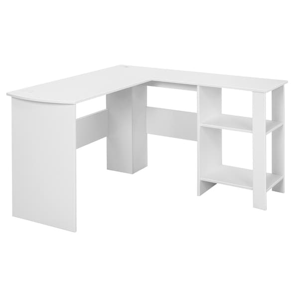 L-formet computerbord, 2 kabelhuller, hylder, hvid