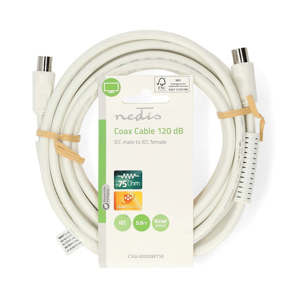 Coax Cable | IEC (Coax) Han | IEC (Coax) Hun | Nikkelplateret | 120 dB | 75 Ohm | Quad Skærmet | 5.00 m | Runde | PVC | Hvid | Label