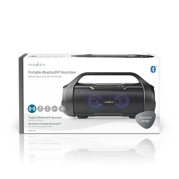 Bluetooth® Party Boombox | 6 tuntia | 2.0 | 120 W | Median toisto: AUX / Micro SD / USB | IPX5 | Linkitettävä | Kantokahva | Juhlavalot | Musta