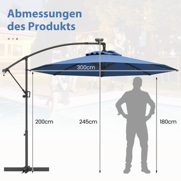 300 cm terrasseparaply med 32 solcelle LED-lys, blå