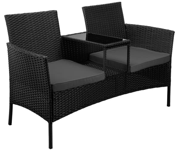 Havesofabænk, sort rattan med grå hynder