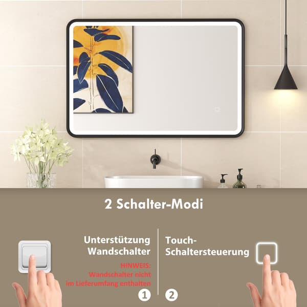 LED badeværelsesspejl, 90x60 cm, dæmpbar, 3 farver, sort