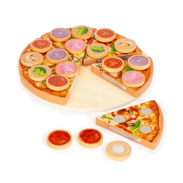 Træpizza til skæring med velcro til børn, 27 elementer
