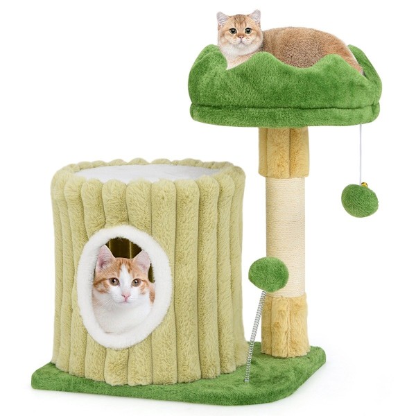 Liten skrapstolpe kattträd med plattform sisal skrapstolpe kattgrotta & 2 gröna bollar