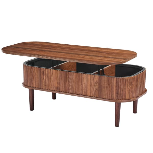 Lyftbar oval soffbord, räfflad valnöt, 3 förvaringsplatser