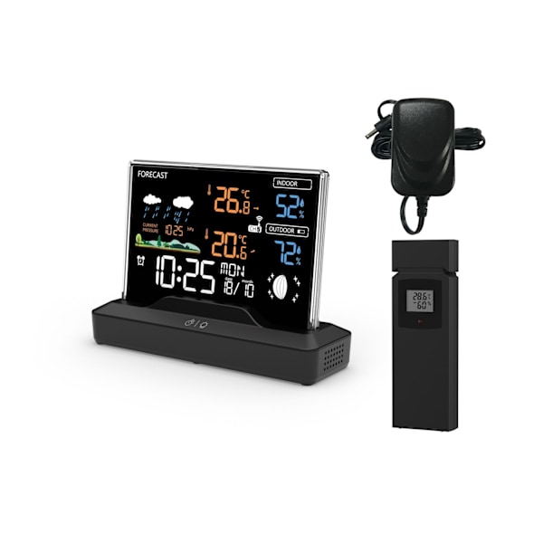Bakgrundsbelyst väderstation med LCD-display, trådlös, med utomhussensor, termometer, barometer, klocka