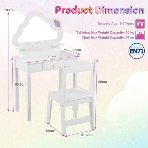 Barnmöbelset med LED-molnspegel och pall, vit