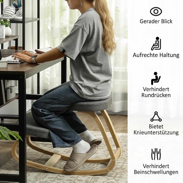 Ergonomisk knäböjd stol, björkträbas, grått tyg