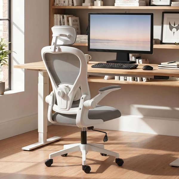Ergonomisk kontorstol, net, opklappelige armlæn, grå