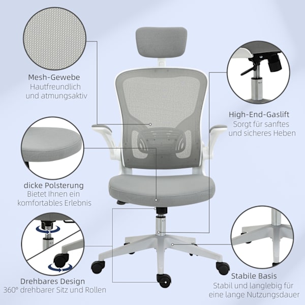 Kontorsstol Ergonomisk Stol Med Vippfunktion Högt Ryggstöd För Nackstöd, Uppfällbart Grått 65 X 64 X 114-122 Cm