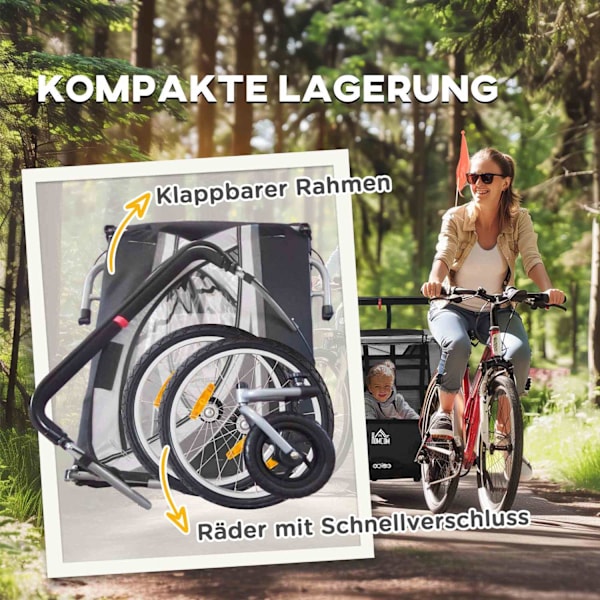 2 in 1 kokoontaittuva lasten peräkärry polkupyörän peräkärry irrotettavalla etupyörällä, takapyörän jarrut, lasten polkupyörän peräkärry 2 lapselle yl