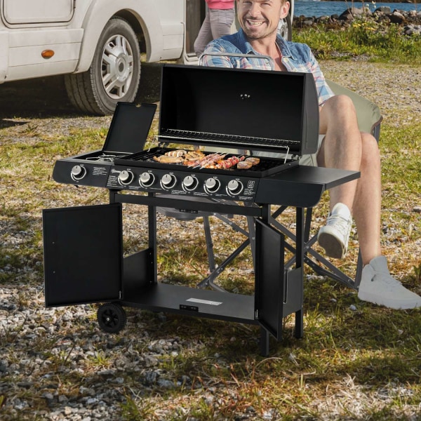 Kaasugrilli Bbq-Grillivaunu 6 Polttimella 1 Sivupoltinkaappi Monitoiminen Metalli Musta 135 X 50 X 100 Cm
