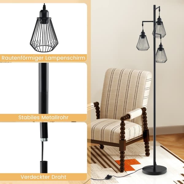 Industriel gulvlampe med 3 burskærme, 169 cm, sort
