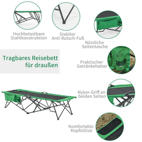 Campingseng, Feltseng, Klapseng Med Sidelomme, Drikkevareholder, Bæreevne Op Til 136 Kg, Stål Oxford Grøn + Sort, 200 X 73 X 49 Cm