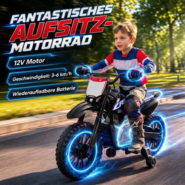 Elektrisk børnemotorcykel, 12V, sort og blå, 3-6 km/t