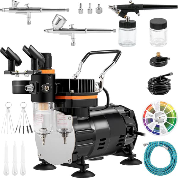Airbrush-kit med kompressor, dubbelverkande, 3 munstycken
