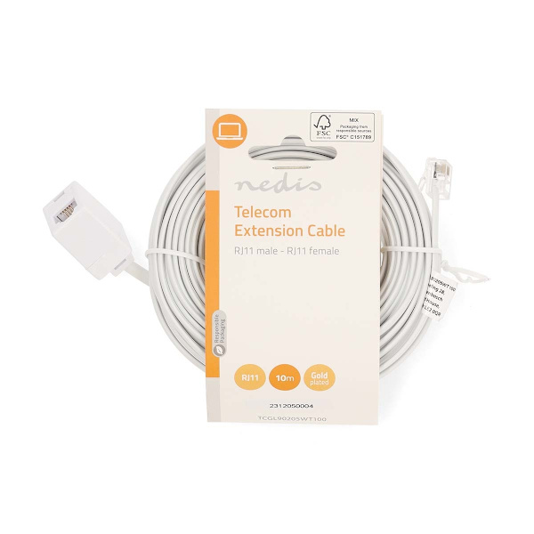 Telecom förlängningskabel | RJ11 Hane | RJ11 Hona | 10.0 m | Kabelns utformning: Platt | Plätering: Guldplaterad | Kabeltyp: RJ11 | Vit | Label