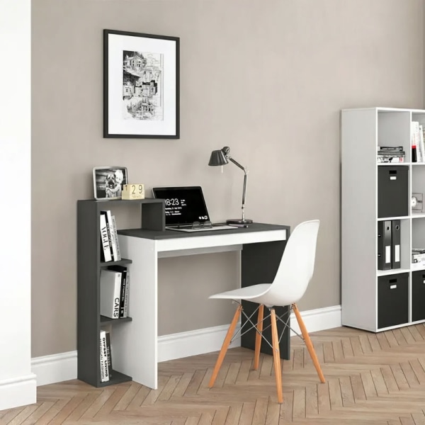 Valkoinen ja harmaa toimistotietokonepöytä, pöytä + kirjahylly 4