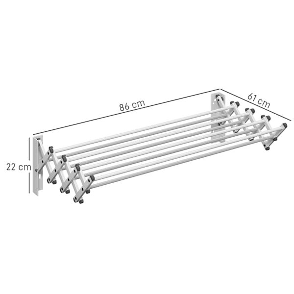 Kläder Airer Wall Utdragbar Klädtork Väggmonterad med 8 aluminiumstänger, platsbesparande torkställning för inom- och utomhusbruk 86 x 61 x 22 cm, Sil
