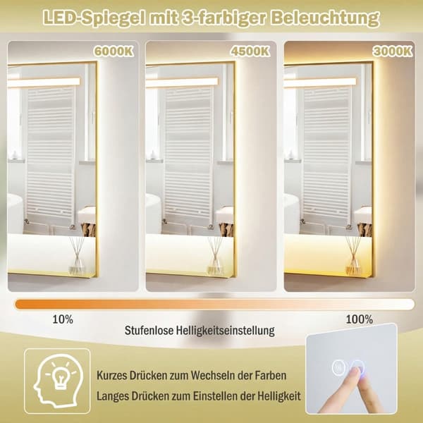 LED-badrumsspegel, imfri, 3 ljusfärger, 80x60 cm