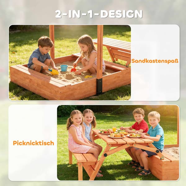 Träsandlåda med justerbart tak och picknickbord