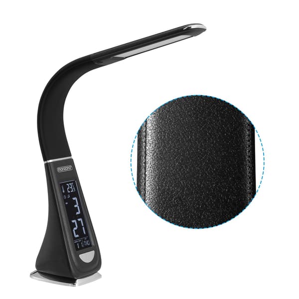 LED skrivebordslampe sort, multifunktionel med ur og kalender