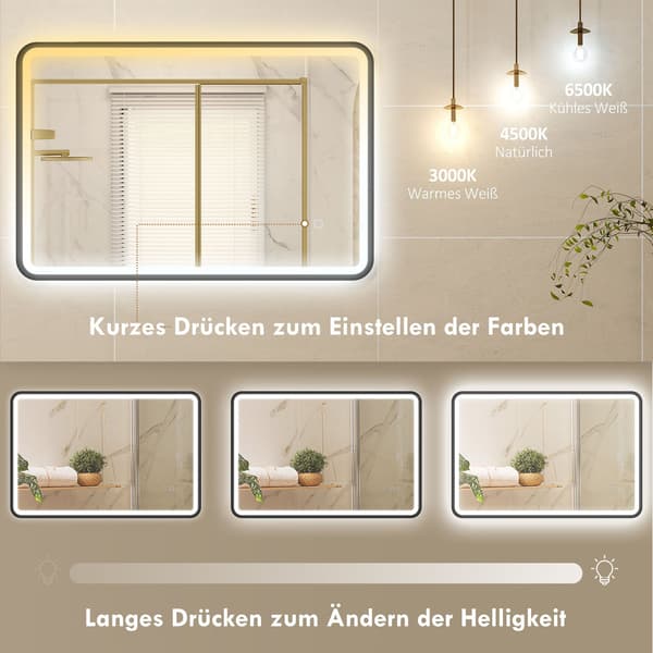LED badeværelsesspejl, 90x60 cm, dæmpbar, 3 farver, sort