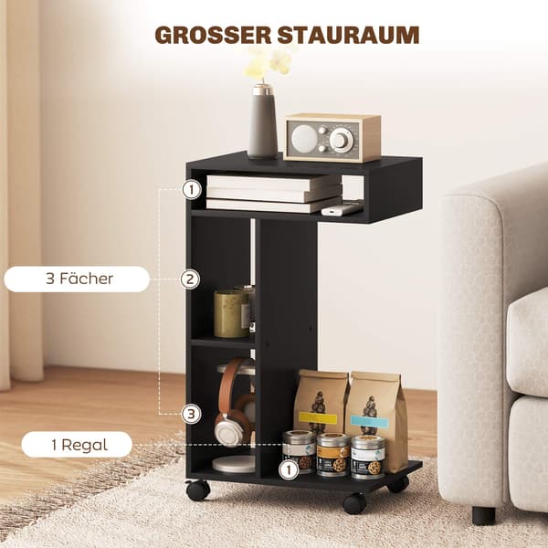 C-formet sidebord med hjul, 3 hylder, 40x30x69 cm, sort