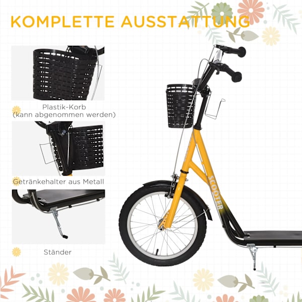 Barnskoter, höjdjusterbar sparkcykel med stora gummihjul, 2 bromsar, barnskoter med korg, mugghållare, för 5-12 år