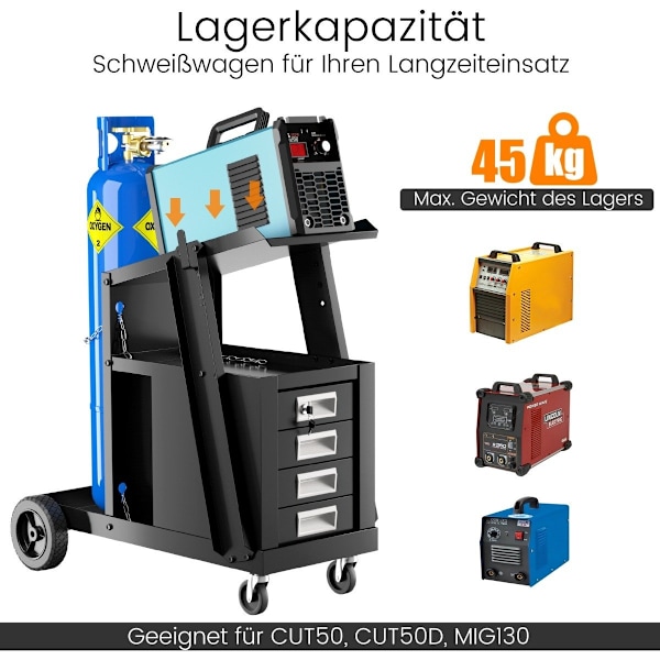 Hitsausvaunu 4 laatikolla ja kaasupulloteline 71 x 38 x 71 cm musta