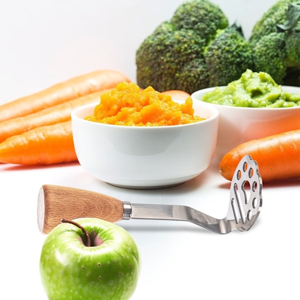 Kartoffelmoser i rustfrit stål og træ til puré og frugt