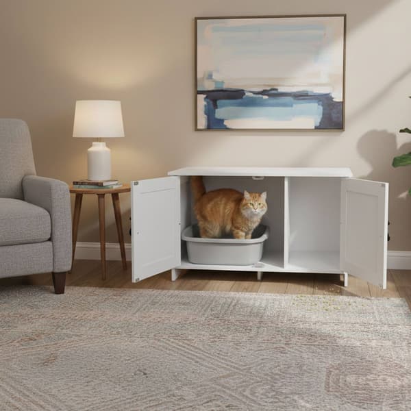 Kattskåp med kattlåda för förvaring och ventilation