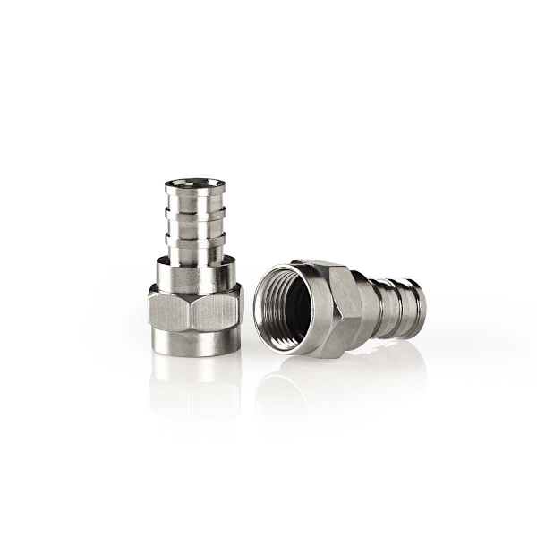F-Connector | Lige | Han | Nikkelplateret | 75 Ohm | Krymp | Kabeldiameter: 5.5 mm | Kobber | Sølv | 2 stk. | Window Box