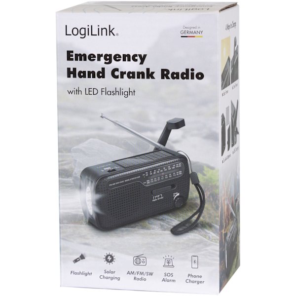 Vevradio med ficklampa och solcell Svart