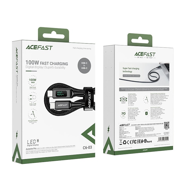 Flettet kabel med LED skærm USB-C 100W 20V 5A 2m sort