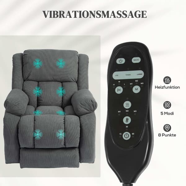 Elektrisk fåtölj med massage och värme, grå sammet