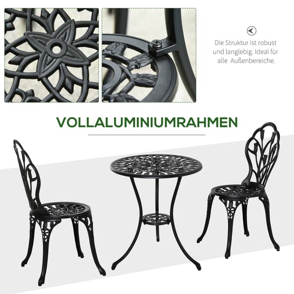 Siddegruppe Til 2, Spisegruppe Med 1 Bord + 2 Stole, Aluminium, Sort