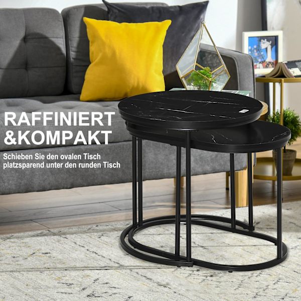 2 Sohvapöydän Setti Pyöreä Soikea Tilauspöytä Sohvapöytä Pinottava Keinomarmorisivulla Jopa 30 Kg Mdf Teräs Musta Ø50 X 50,5H Cm