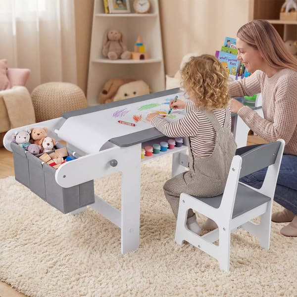 Barnkonstbord och stolsset med pappersrulle, grå