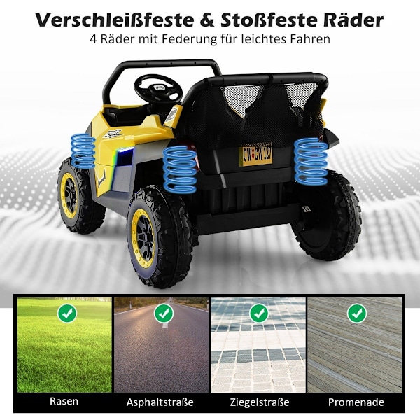 2-paikkainen 12V lastenauto musiikilla ja ajovaloilla 118 x 74 x 71 cm-keltainen