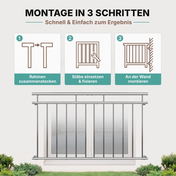 Juliet balkongelænder i rustfrit stål, 128 cm