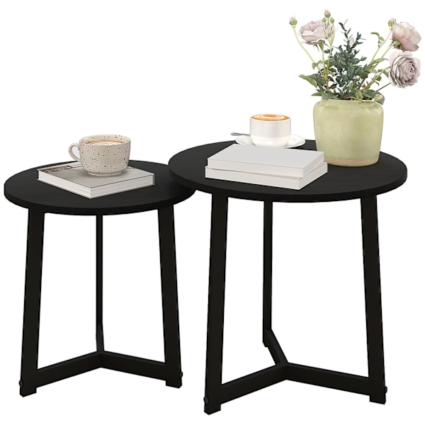 Set med 2 soffbord, runda sidobord, soffbord med stålstomme, soffbord i modern design, för vardagsrum, lastkapacitet upp till 35 kg, svart
