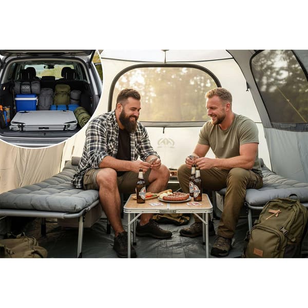 Sammenklappelig campingseng med justerbar lænelæn – grå