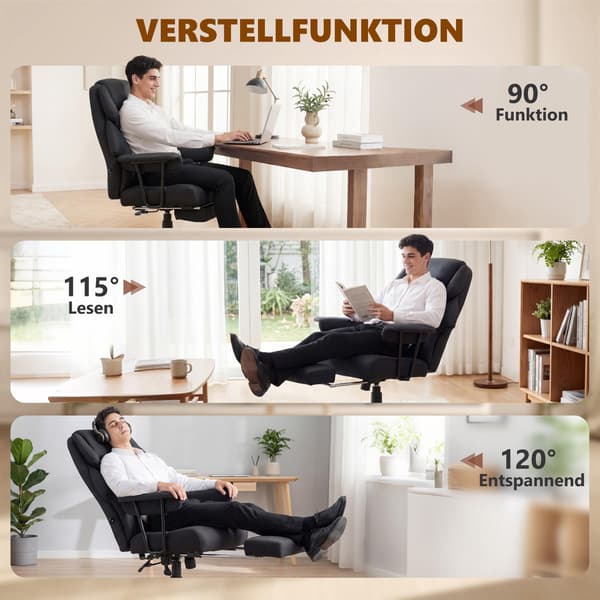 Kontorstol med massage, lænefunktion og fodstøtte, sort læder