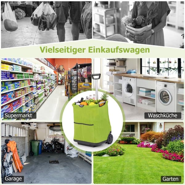 Sammenklappelig 50L indkøbsvogn med justerbart håndtag