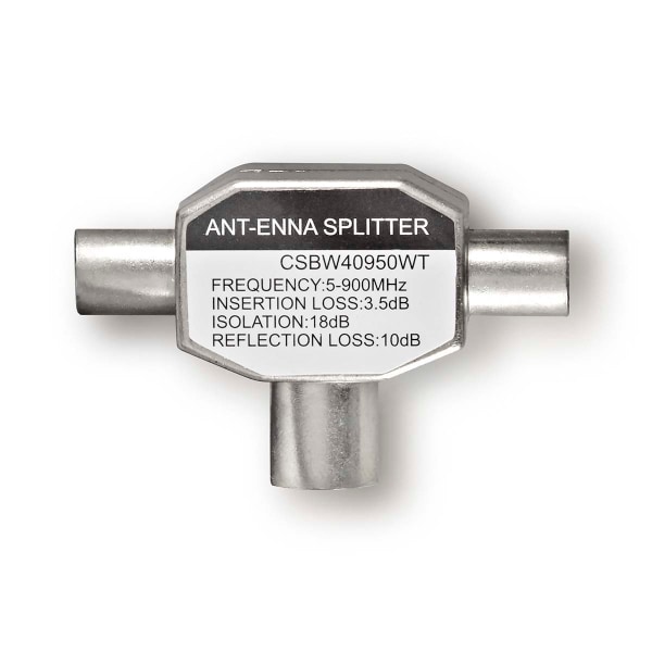 Satellit & Antenne adapter | 2x Coax Han | IEC (Coax) Hun | Nikkelplateret | 75 Ohm | T-Splitter | Metal | Hvid | 1 stk. | Box