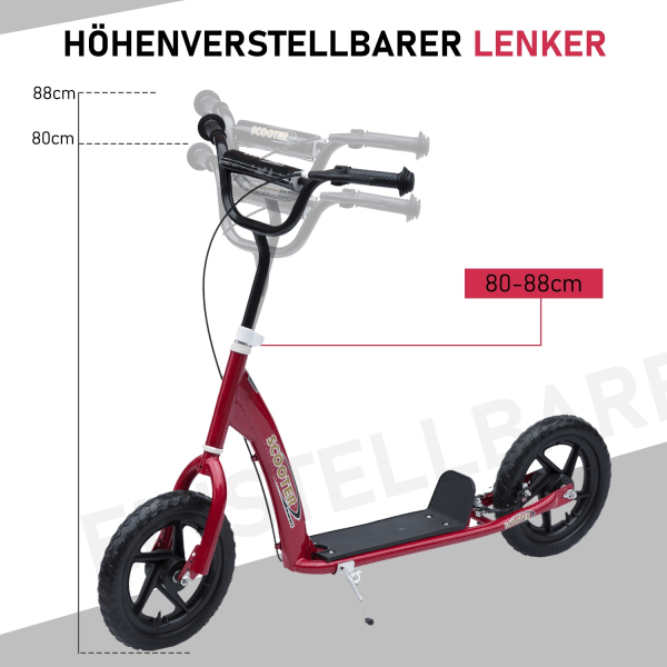 Børnescooter City Scooter 12 Tommer Med Bagbremse Højdejusterbar Stål Eva Rød 120 X 52 X 80-88 Cm