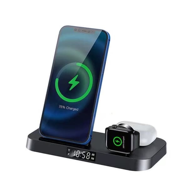 4-i-1 trådløs oplader med digitalt ur, 15W - Sort